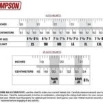 Simpson helmet size chart featuring measurements in inches and centimeters for auto and junior helmets, with corresponding hat sizes and helmet sizes from XS to XXL.