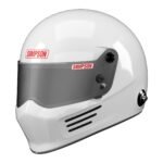 White racing helmet with tinted visor and ventilation, featuring Simpson branding.