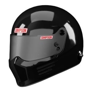 Black Simpson racing helmet with a tinted visor, designed for motorsport safety and performance.