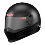 Black Simpson racing helmet with tinted visor and red logo, designed for motorsport safety and performance.