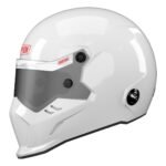 White Simpson motorcycle helmet with a tinted visor, featuring aerodynamic design and sturdy construction for enhanced safety and performance.