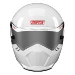 White Simpson motorcycle helmet with tinted visor, front view showcasing aerodynamic design.