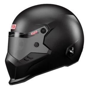 Matte black motorcycle helmet with visor and modern aerodynamic design, branded by Simpson for safety and style.
