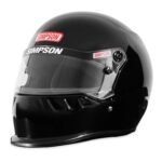 Black Simpson racing helmet with a clear visor designed for motorsport safety.