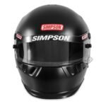 Black Simpson racing helmet with clear visor and brand logo on front.