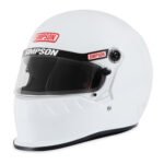 White Simpson full-face racing helmet with clear visor, featuring aerodynamic design for motorsport safety.