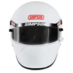 White Simpson racing helmet with a tinted visor and brand logo on the front, designed for motorsport safety.