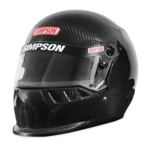 Black Simpson racing helmet with a clear visor and carbon fiber finish.