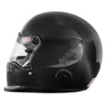 Simpson Vudo Carbon SA2025 Racing Helmet 4 Black carbon fiber motorcycle helmet with clear visor and Simpson branding.