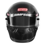 Simpson Vudo Carbon SA2025 Racing Helmet 3 Simpson racing helmet, carbon fiber design with a clear visor, front view.