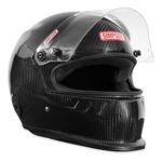 Simpson Vudo Carbon SA2025 Racing Helmet 5 Black carbon fiber motorcycle helmet with clear visor from Simpson, featuring aerodynamic design and advanced safety technology.