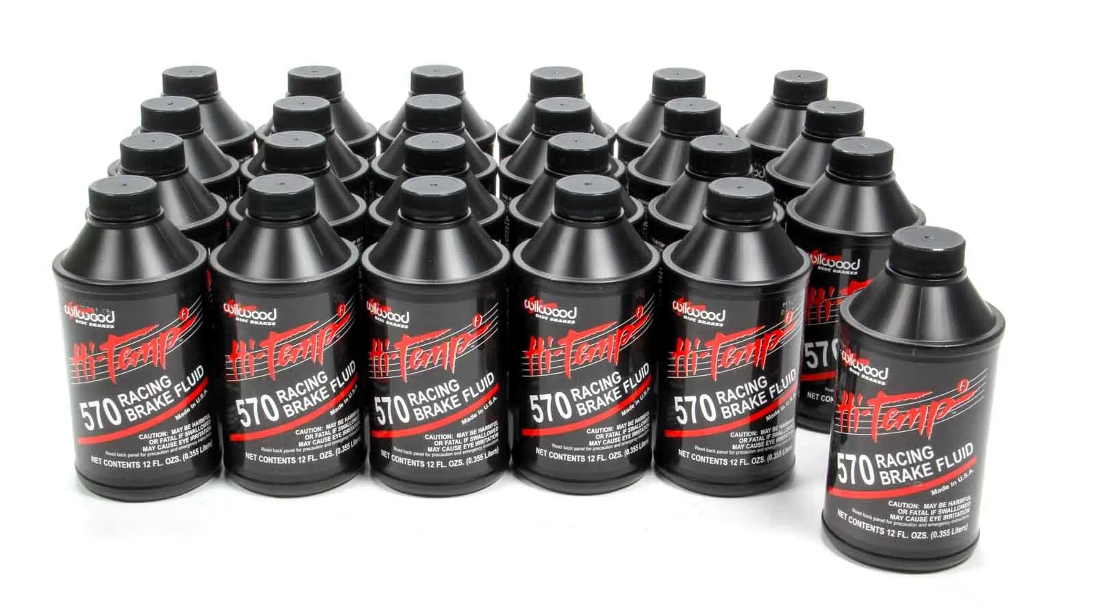Multiple bottles of Wilwood 570 racing brake fluid arranged in rows, emphasizing high-performance automotive maintenance.