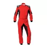 Red racing suit with black and gray accents, featuring reinforced shoulders and adjustable waistband, ideal for motorsport safety and performance.