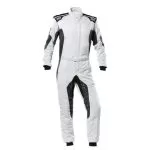 White and black racing suit with reinforced shoulders and knees, suitable for motorsport enthusiasts and professional drivers.