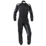 Black racing suit with geometric pattern, long sleeves, and OMP branding on shoulders, designed for motorsport safety and performance.