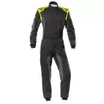 Black and yellow racing suit featuring reinforced stitching and modern design elements for enhanced safety and style.