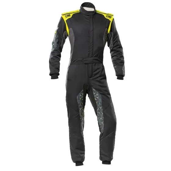 Black and yellow racing suit featuring reinforced stitching and modern design elements for enhanced safety and style.