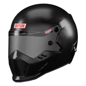 Black Simpson racing helmet with carbon fiber texture and tinted visor, designed for motorsport safety.