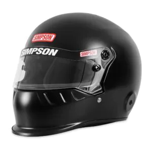 Black Simpson racing helmet with a clear visor and ventilation slots, side view.